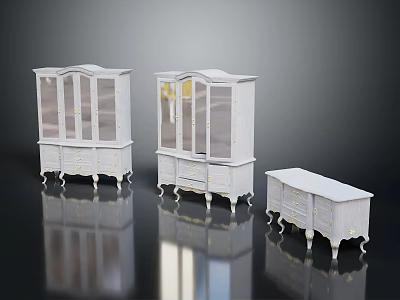 Vintage Style White Display Cabinets And Side Cabinet With Carved Details Glass Doors Curved Legs 3d model