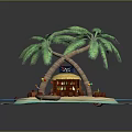 Tropical Island Scenery With Palm Trees Thatched Hut Beach Wooden Boat And Blue Ocean