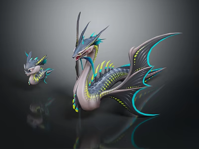 Mythical Fantasy Dragon Creatures With Adult And Baby Blue Green Scales Translucent Glowing Wings 3d model