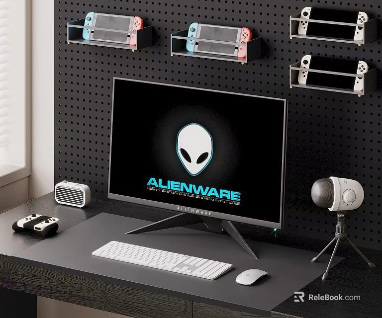 Alienware Gaming Setup With Monitor Keyboard Mouse Game Controllers And Hanging Consoles 3d model 