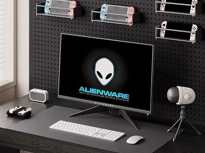 Alienware Gaming Setup With Monitor Keyboard Mouse Game Controllers And Hanging Consoles 3d model