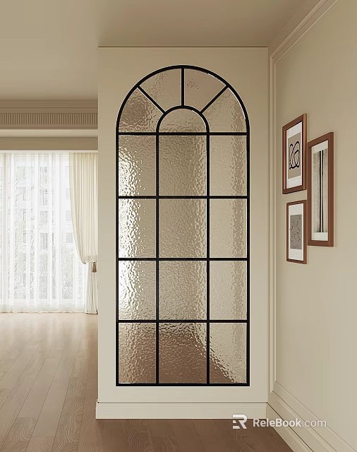 Arched Top Black Frame Textured Glass Screen in Interior with Framed Artworks and Window Curtains 3d model 