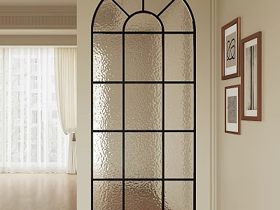 Arched Top Black Frame Textured Glass Screen in Interior with Framed Artworks and Window Curtains 3d model