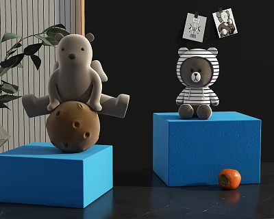 Adorable Plush Dolls Sitting on Blue Cubes with Brown Round Object and Orange Tomato 3d model