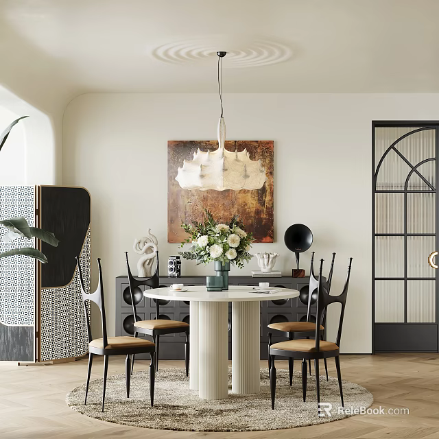 Elegant Restaurant Interior Featuring Round Marble Dining Table Flowers Chairs Pendant Light And Decorative Painting 3d model 