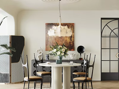 Elegant Restaurant Interior Featuring Round Marble Dining Table Flowers Chairs Pendant Light And Decorative Painting 3d model