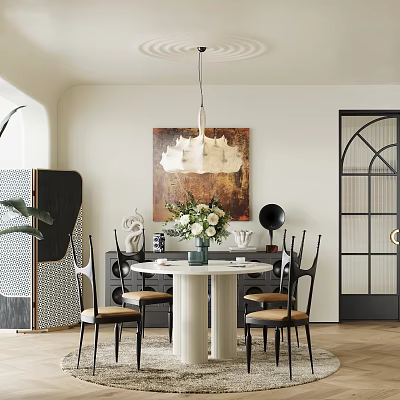 Elegant Restaurant Interior Featuring Round Marble Dining Table Flowers Chairs Pendant Light And Decorative Painting 3d model