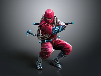 The Man in Red Ninja Costume in Fighting Stance Wielding Dual Swords with Rope Details 3d model