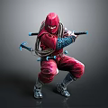 The Man in Red Ninja Costume in Fighting Stance Wielding Dual Swords with Rope Details