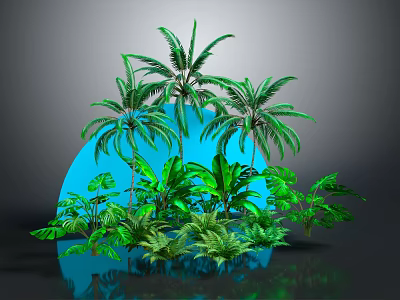 Lush Green Plants And Palm Trees With Blue Circular Background And Reflection 3d model