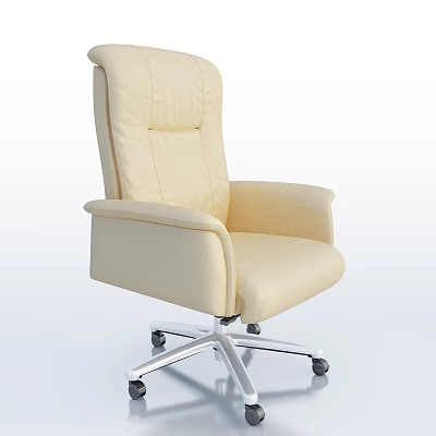 Beige Leather Office Chair with High Back Armrests and Swivel Silver Metal Wheels 3d model