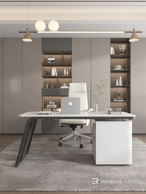 Modern Office Desk Setup With Laptop White Chair Shelves Books And Decorative Plant Vase 3d model 