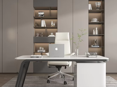Modern Office Desk Setup With Laptop White Chair Shelves Books And Decorative Plant Vase 3d model