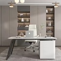 Modern Office Desk Setup With Laptop White Chair Shelves Books And Decorative Plant Vase