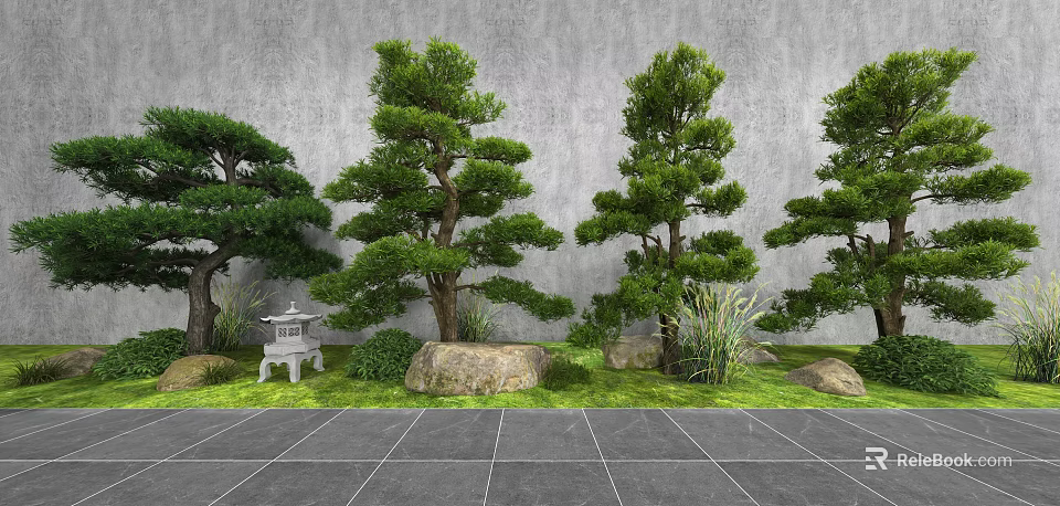 Japanese Garden Landscape With Trees Stone Lantern Rocks Grass Gray Wall And Slate Floor 3d model 