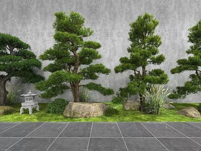 Japanese Garden Landscape With Trees Stone Lantern Rocks Grass Gray Wall And Slate Floor 3d model