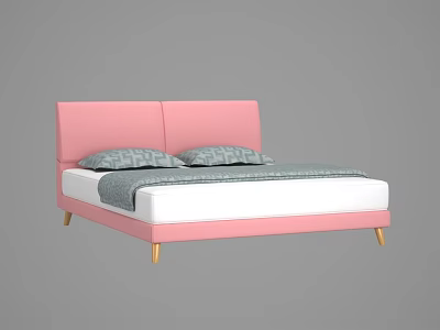 Stylish Double Bed With Pink Headboard Gray Pillows Gray Blanket And Gold Legs 3d model