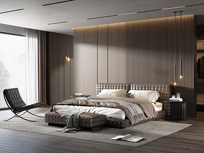 Modern Bedroom Interior With Wooden Slat Wall Leather Headboard And Black Rocking Chair 3d model