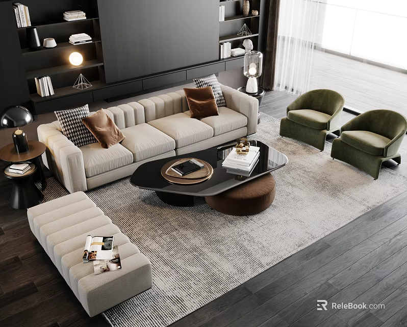 Modern Sofa And Coffee Table Set With Throw Pillows Green Accent Chairs Area Rug 3d model 