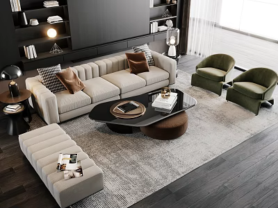 Modern Sofa And Coffee Table Set With Throw Pillows Green Accent Chairs Area Rug 3d model