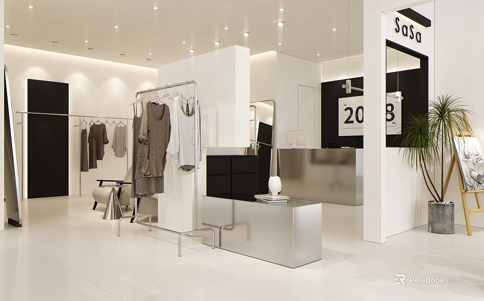 Modern Clothing Store Interior With Clothes On Racks White Black Decor Mirrors And Display Area 3d model 