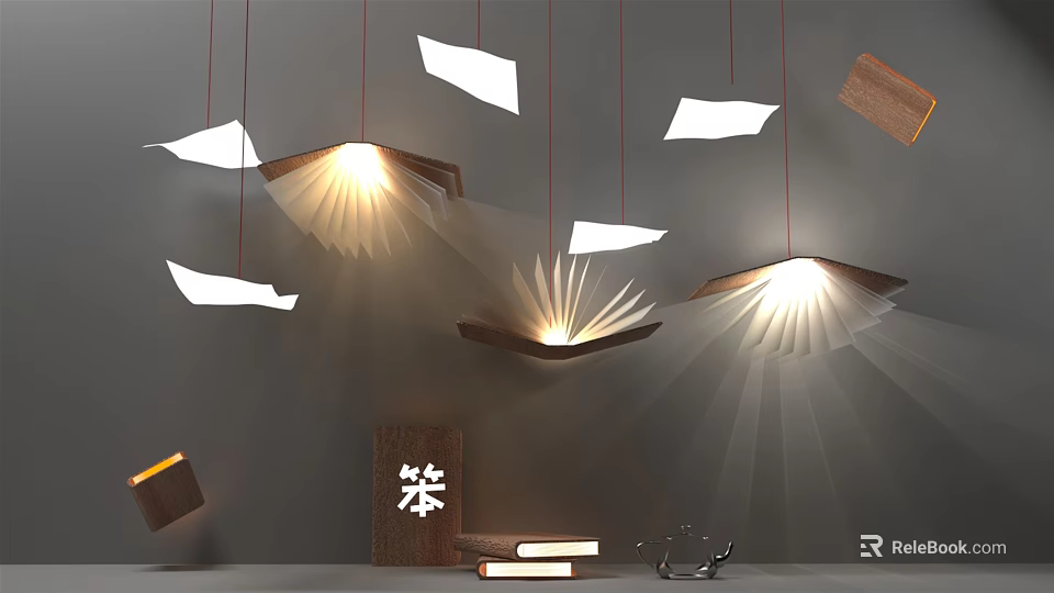 Modern Book Page Design Chandeliers Hanging With Glowing Light And Wooden Tea Elements 3d model 