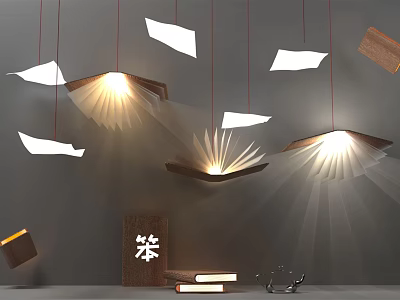 Modern Book Page Design Chandeliers Hanging With Glowing Light And Wooden Tea Elements 3d model