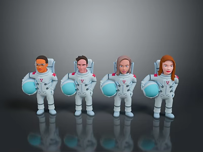 Four Game Movie Characters in Astronaut Suits as Figurines Holding Blue Spheres with Different Features 3d model