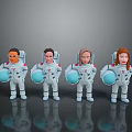 Four Game Movie Characters in Astronaut Suits as Figurines Holding Blue Spheres with Different Features