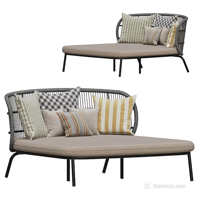 Wicker Double Bed With Metal Frame Multiple Patterned Cushions And Beige Mattress Pad 3d model