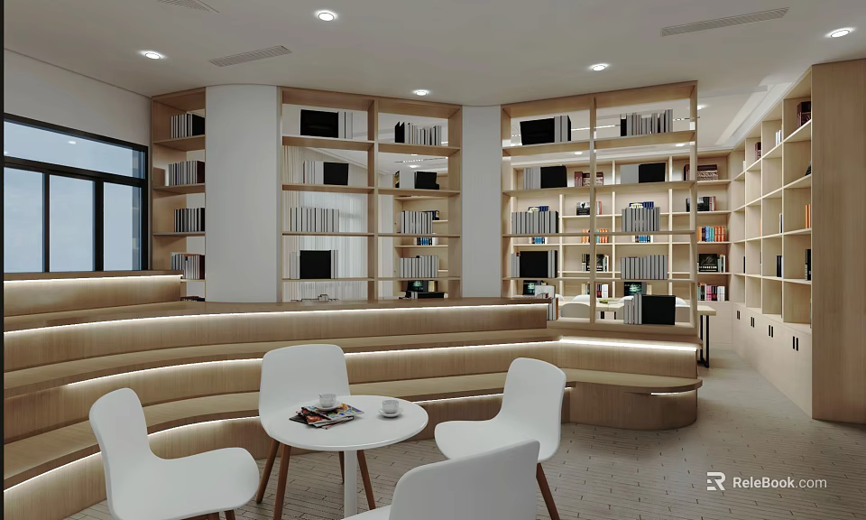 Modern Library Interior Design With Bookshelves Comfortable Chairs And Table 3d model 