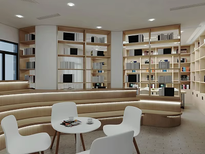 Modern Library Interior Design With Bookshelves Comfortable Chairs And Table 3d model