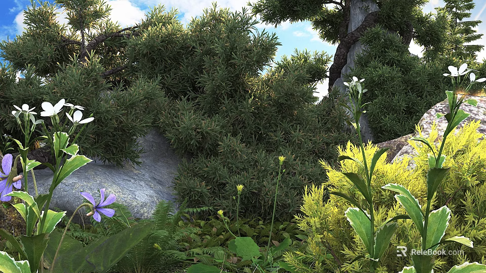 Lush Green Shrubs Surrounded by Purple Flowers Yellow Plants Ferns and Rocks in Natural Garden 3d model 