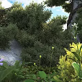 Lush Green Shrubs Surrounded by Purple Flowers Yellow Plants Ferns and Rocks in Natural Garden