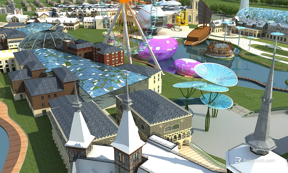 Vibrant Amusement Park With Ferris Wheel Colorful Domes And Spire Topped Buildings 3d model 