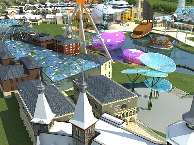 Vibrant Amusement Park With Ferris Wheel Colorful Domes And Spire Topped Buildings 3d model