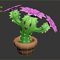 Green Cactus Plant With Smiling Face Yellow Thorns Pink Flowers And Brown Pot
