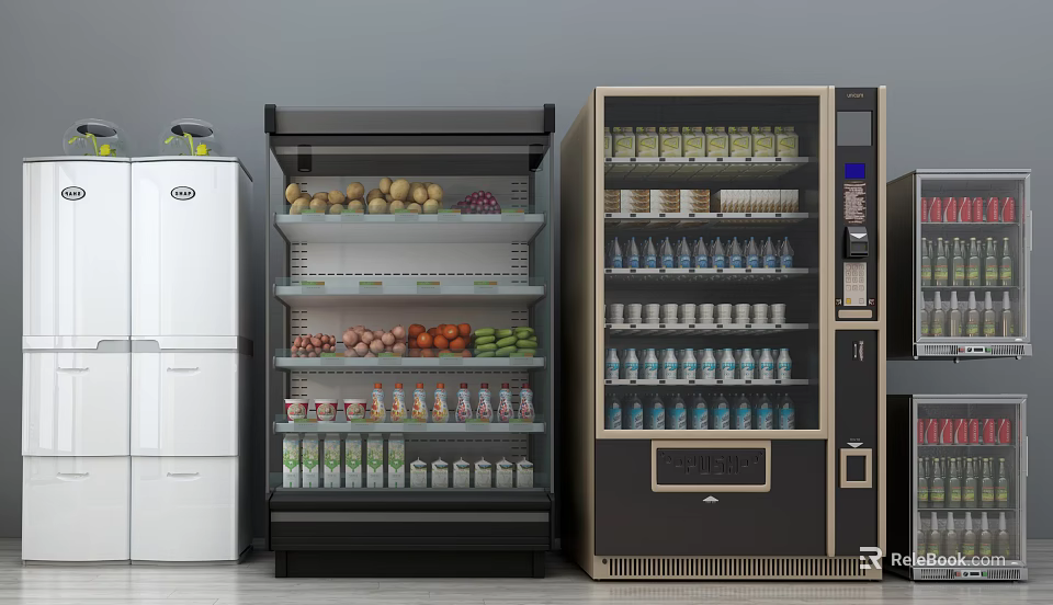 Glass Door Display Refrigerators And Freezers Storing Fresh Vegetables Fruits And Bottled Drinks 3d model 