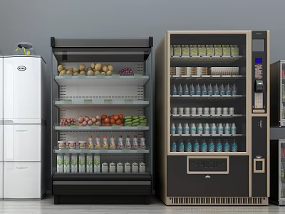 Glass Door Display Refrigerators And Freezers Storing Fresh Vegetables Fruits And Bottled Drinks 3d model