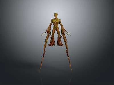 Fantasy Tree Creature With Wooden Body Multiple Limbs And Green Head 3d model