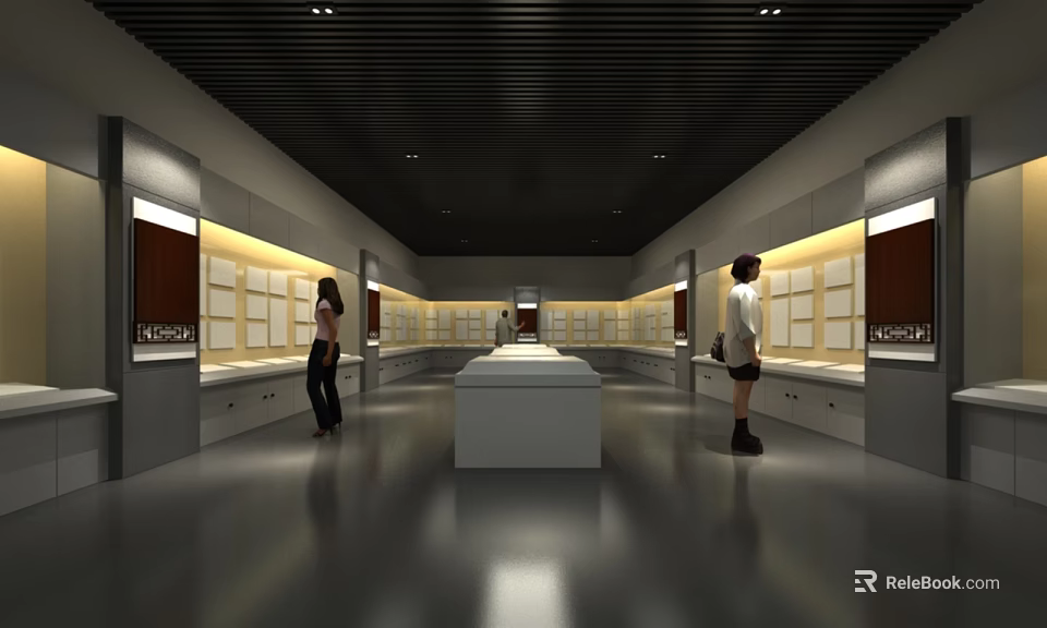 Cultural Center Interior With Glass Display Cases And Visitors Exploring Exhibits 3d model 