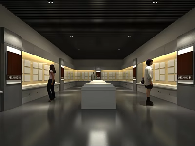 Cultural Center Interior With Glass Display Cases And Visitors Exploring Exhibits 3d model