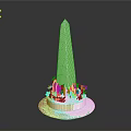 Tall Beige Obelisk Structure With Blue And Pink Decorative Elements On White Circular Base