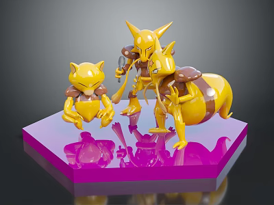 Three Yellow Game and Movie Action Figures Standing Squatting with Backpack on Pink Reflective Platform 3d model