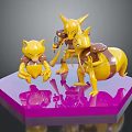 Three Yellow Game and Movie Action Figures Standing Squatting with Backpack on Pink Reflective Platform