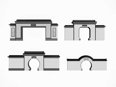 Traditional Chinese Building Facade With Various Arch Designs And Decorative Elements 3d model