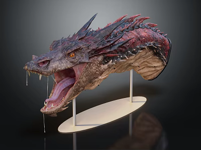 Realistic Dragon Head Sculpture With Red Scales Open Mouth Sharp Fangs And White Stand 3d model