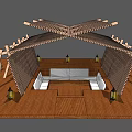Outdoor Wooden Pergola With Sofa Lanterns And White Umbrellas On Wooden Floor
