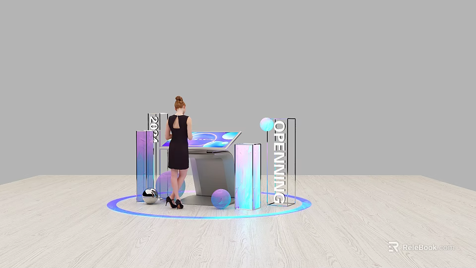 Woman In Black Dress At Opening Display With Illuminated Letters Colorful Pillars Spheres And Blue Light Circle 3d model 
