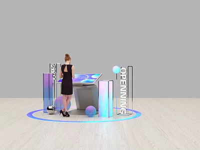 Woman In Black Dress At Opening Display With Illuminated Letters Colorful Pillars Spheres And Blue Light Circle 3d model